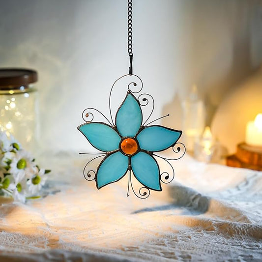 Forget Me Not Flower Decor Stained Glass Window Hanging,Blue Flower Ornaments Suncatcher for Window,Best Gifts for Mother,Women,Valentine's Day,Birthday