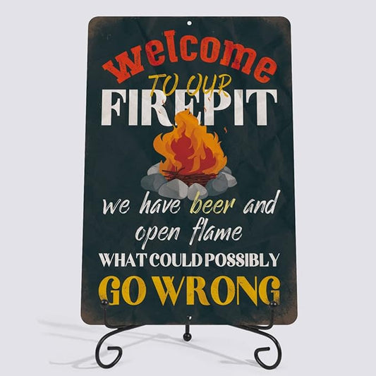 Yniaun Decor Funny Patio Decor Vintage Camping Metal Tin Signs for Camper Decoration Gifts 12 X 8 Inches Indoor Outdoor & Firepit Accessories Welcome to Our Fire Pit - What Could Possibly Go Wrong