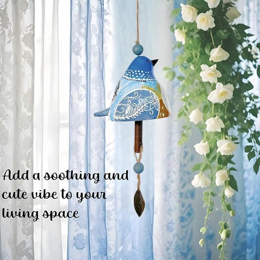 Cute Ceramic Wind Chimes for Outside and Indoor, Memorial Windchime with Soothing Melodic Tones, Gifts for Mom, Garden Patio Balcony Home Decor Hanging Windchimes (Single Bird-Blue)
