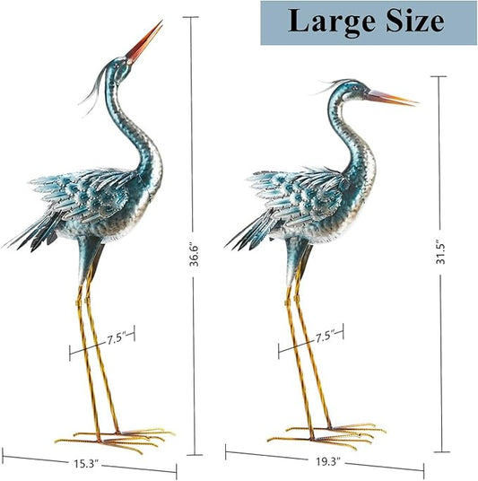 chisheen Large Garden Crane Statues Outdoor Sculptures, Metal Yard Art Heron Decor Standing for Indoor Outdoor Decor, Bird Statues for Patio Lawn Porch Decorations, Set of 2