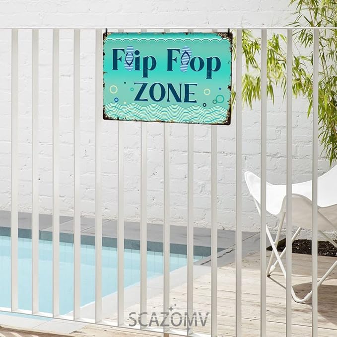 SCAZOMV Flip Flop Zone Sign Metal Tin Sign Funny Pool Signs Beach House Decor Vintage Pool Tropical Beach Patio Decoration 8"x12" Beach Signs for Home Decor