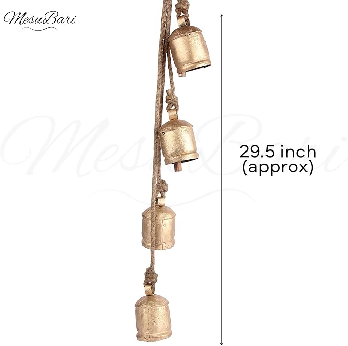 Decorative Cow Bell, 29" Hanging Bells Chime, Rustic Antique Brass Finish Metal Bells with Jute Rope, Tibetan Inspired Farmhouse Vintage Cascading Bell's for Indoor, Outdoor Patio, Garden & Wall Decor