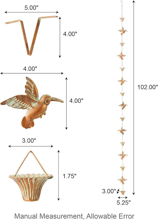 Glitzhome 8.5 FT Bird and Cup Rain Chains, Faux Copper Patina Finish Rain Chains for Gutters, Adjustable Rain Catcher Chain with V-Shaped Gutter