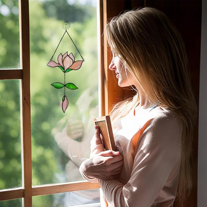 Magnolia Flower Gifts for Women Stained Glass Suncatcher for Window Hanging,Pink Flower Decor Stained Glass Sun Catcher Indoor Window,Flower Gift for Mom,Best Gifts for Teacher