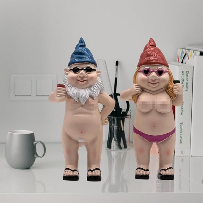 MINICAR Gnome Statue Garden Outdoor Decor Set of 2, Funny Dwarf Sculptures Yard Decorations, Naughty, 8'' Tall