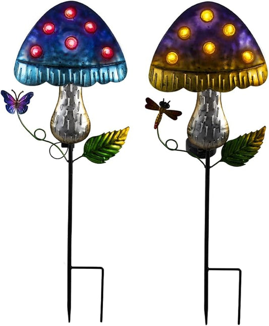Solar Mushroom Lights for Outside 2 Pack,Mushroom Solar Lights Outdoor Metal Stakes Decorate Garden,Path,Backyard,Flower Bed,Pathway,Lawn