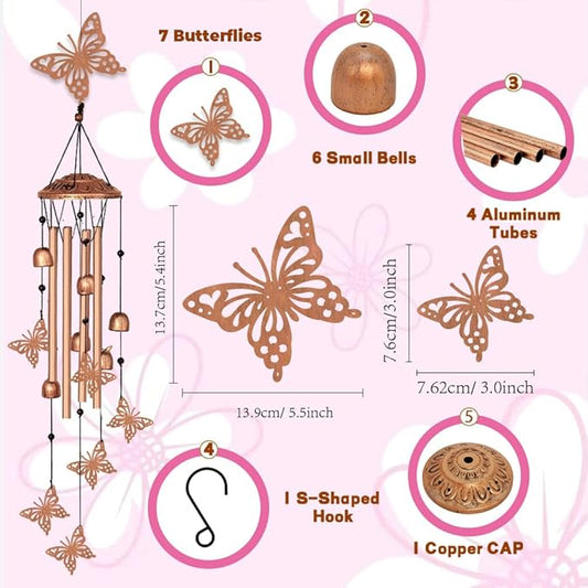 INFUNLY 7PCS Butterflies Wind Chimes for Outside 5.5"×5.4" Butterfly Metal Windchime Aluminum Tube Wind Chime with Little Bell Tubes Memorial Wind Bell for Yard Garden Decor Housewarming Birthday Gift
