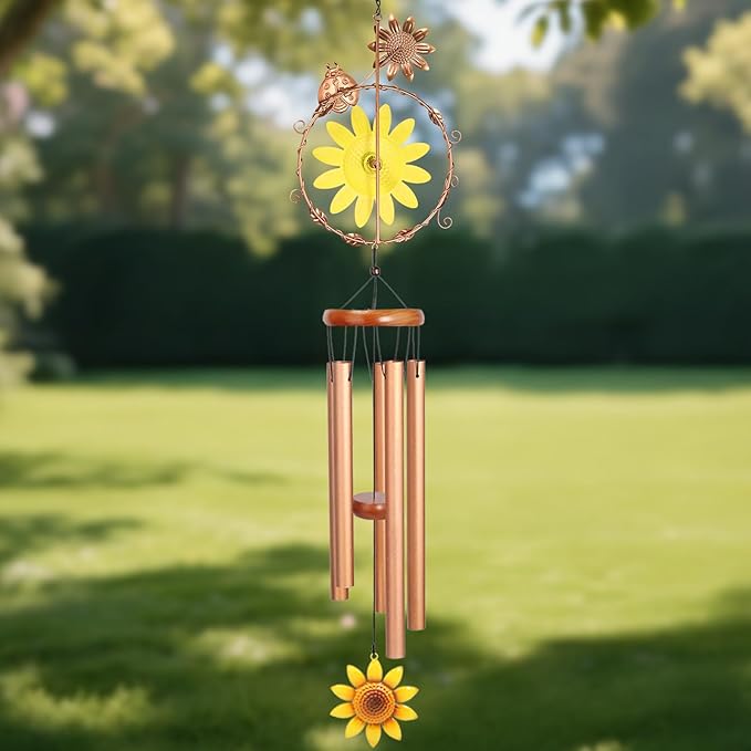 Sunflower Wind Chimes for Outside Metal Aluminum 46" Inches Wind Chime with Sunflower Outdoor Decor Large Unique Wind Chimes for Festivals/Birthday for Mom Dad Grandma Home Garden Patio Decor