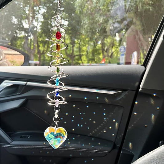 Big Heart Crystal Sun Catchers for Windows Hanging, Double-Spiral Design Gazing Ball Spiral Tail, Rainbow Maker Prism, Sun Catchers Indoor Window for Kitchen, Patio, Porch, Garden(AB-Silver)