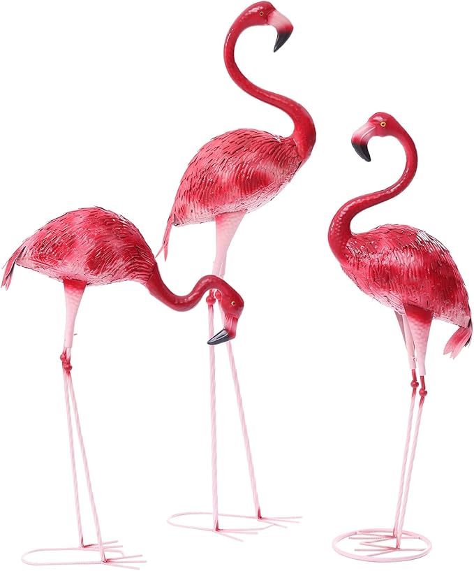 Red Flamingos Yard Decorations,3 Pack Extra Large 47.3" /37.4"/27.95" Tall Iron Flamingo Sculptures Lifelike Flamingo Figurine Set for Home Patio Lawn Garden Art Backyard Decor