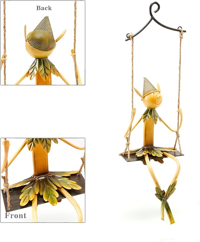 Christmas Elf on Swing Metal Sculpture – Garden & indoor Festive Elf Yard Art for Indoor & Outdoor Décor, Holiday Hanging Lawn Ornament for Mantel, Patio, Charming Christmas Elf Gift Statue Decoration