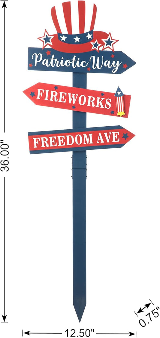 Glitzhome 36" H Patriotic Yard Stake,American Wooden Top Hat Word Sign Yard Stake 4th July Garden Yard Welcome Signs Independence Day Indoor Outdoor Decorations