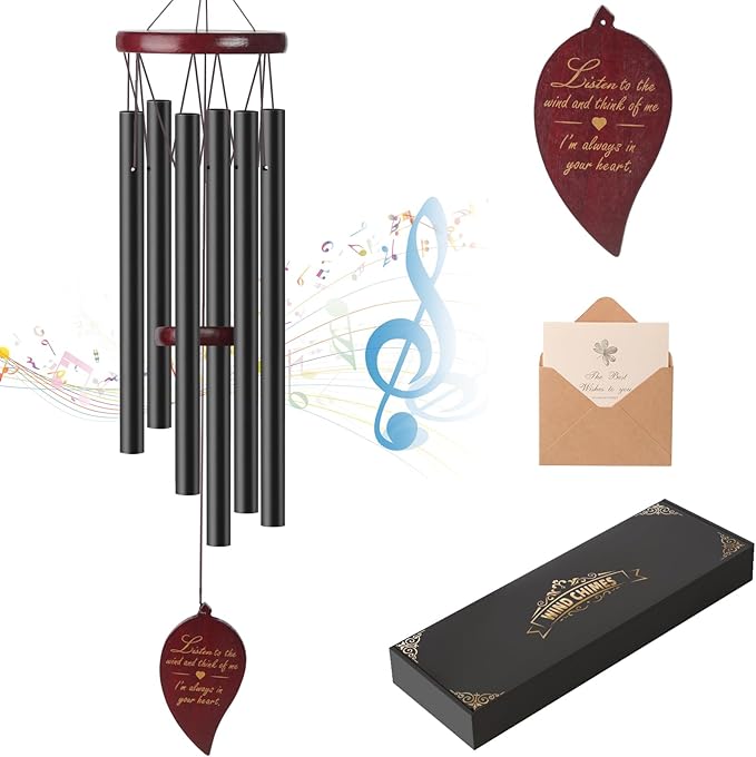 Generic Black Outdoor Wind Chimes with 6 Metal Tubes & Hook, Deep Tone Sympathy Chimes for Loss of a Loved One