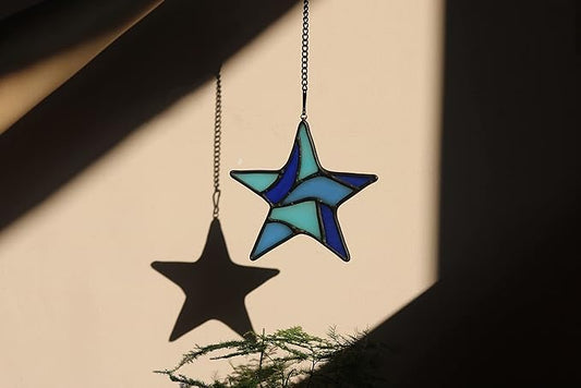 Blue Star Decoration Stained Glass Window Hanging,Glass Star Suncatcher for Living Room Bedroom Bathroom Kitchen, Birthday Gift for Boy Men Party