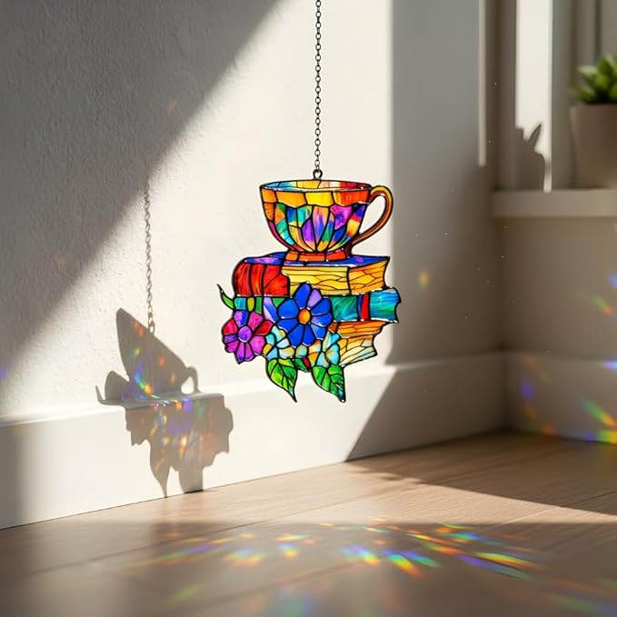 Books Teacup Handmade Artisan Resin Sun Catcher, Book Suncatchers for Window Hanging, Bookish Gifts for Readers Book Lovers Bookworm, Gift for Mother's Day, Women, Mom, Wife, Grandma