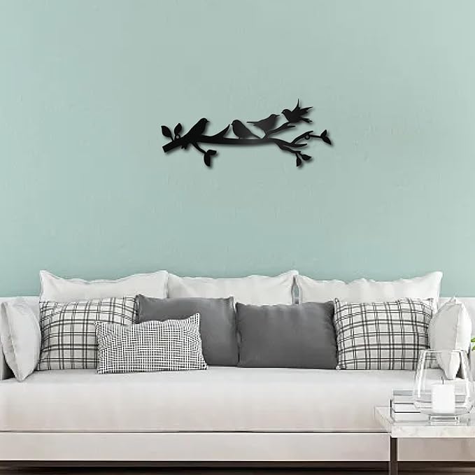 CREATCABIN Metal Bird Wall Art Birds on The Branch Wall Decor Black Leaves with Birds Hanging Sign Ornament Sculpture Bird Branch Silhouette Wall Decoration for Garden Balcony Bedroom 11.8x4.7Inch