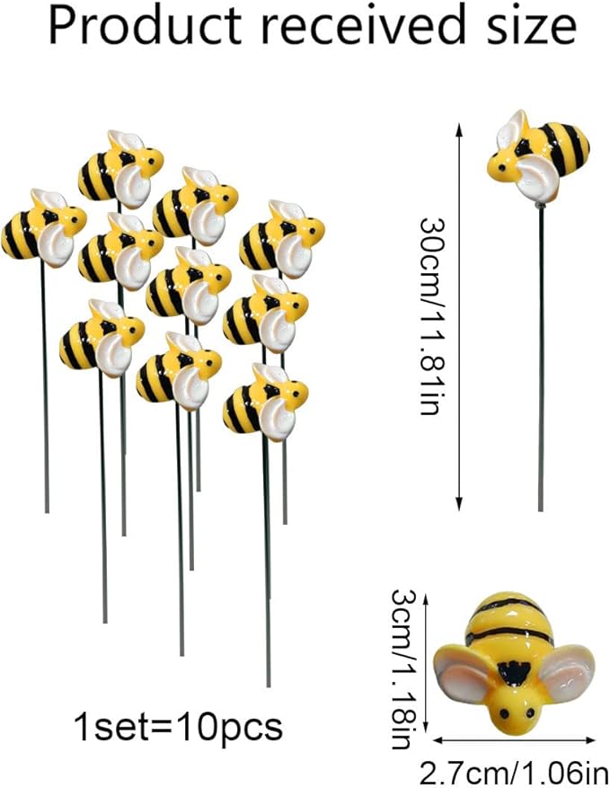 10Pcs Bee Garden Stakes Decor Metal Yard Art Ornaments Front Yard Art Stick Floral Picks Spring Summer Resin Bumble Bees Garden Stakes Outdoor Lawn Pathway Patio Plant Pot, Flower Bed Yellow