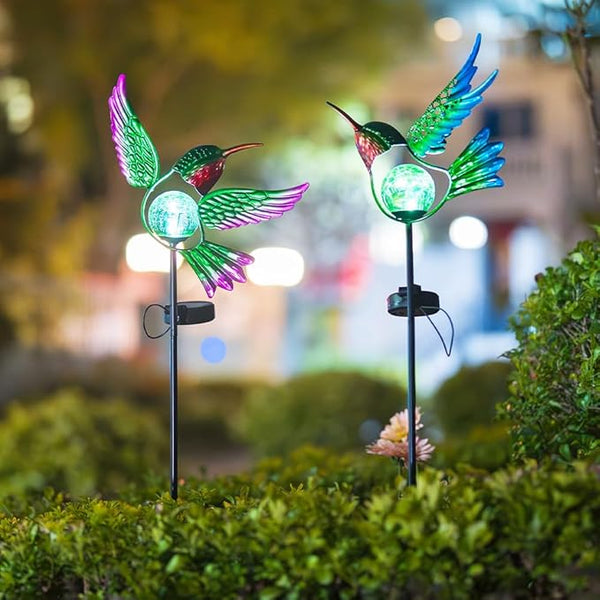 Hummingbird Solar Garden Lights with Stake 2 Pack,Bird Pathway Solar Outdoor Crackle Glass Globe Light for Garden,Walkway,Pathway,Yard,Lawn