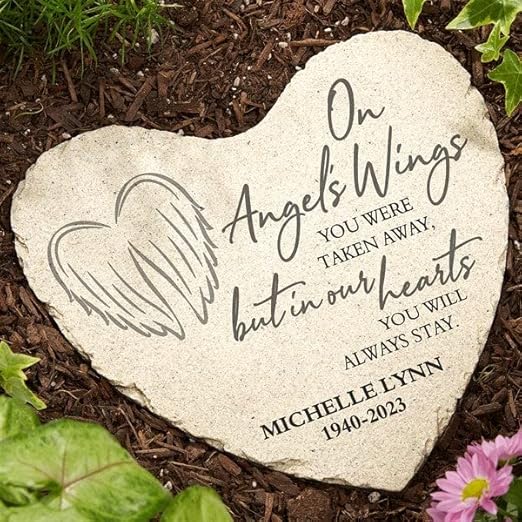 Personalization Universe On Angel's Wings Custom Memorial Heart-Shaped Garden Stone - Weather-Resistant Outdoor Decor with Personalized Text, Name & Dates, Ideal for Mother's Day & Remembrance - Large