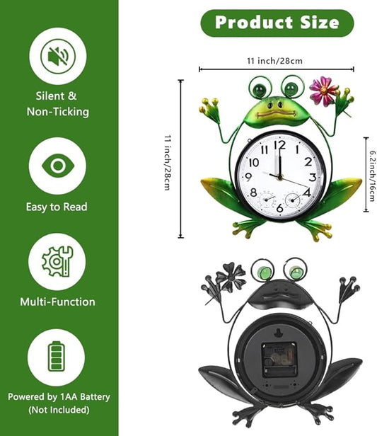 Outdoor Clock Silent Non-Ticking, Frog Outdoor Wall Clock with Thermometer & Humidity Decorative Outdoor Clocks for Patio, Garden, Home Decor