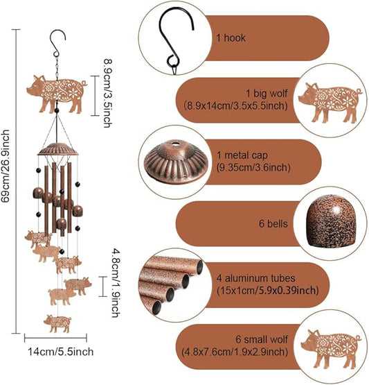OLYCRAFT Pig Wind Chimes Outdoors Wind Chime Sympathy Memorial Windchime Iron Windchime Memorial Presents Hanging Windbell for Patio Backyard Home Garden Pendant Decoration - 27 Inch
