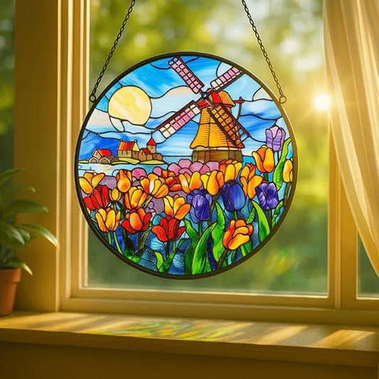 Stained Glass Window Hanging - 11.8in Dutch Windmill and Tulip Flower Sun Catchers Indoor Stained Glass Panels Wall Decor for Mom,Wife,Lovers,Festive