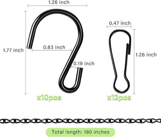 Upgraded 180”Heavy Duty Metal Hanging Chains with Hanging Basket Hooks Set for Planters,Birdcage,Birds Feeder,Grow Lights,Lanterns,Billboards,Wind Chime and Ornaments,Chain Hooks DIY,Black