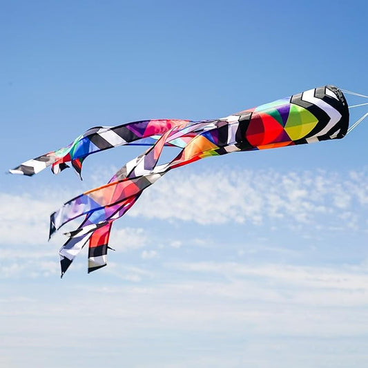 In the Breeze 5270 — Geometric Black & White 40-inch Illusion Windsock — Abstract Decor, Embroidered Details, Fully Printed Tails