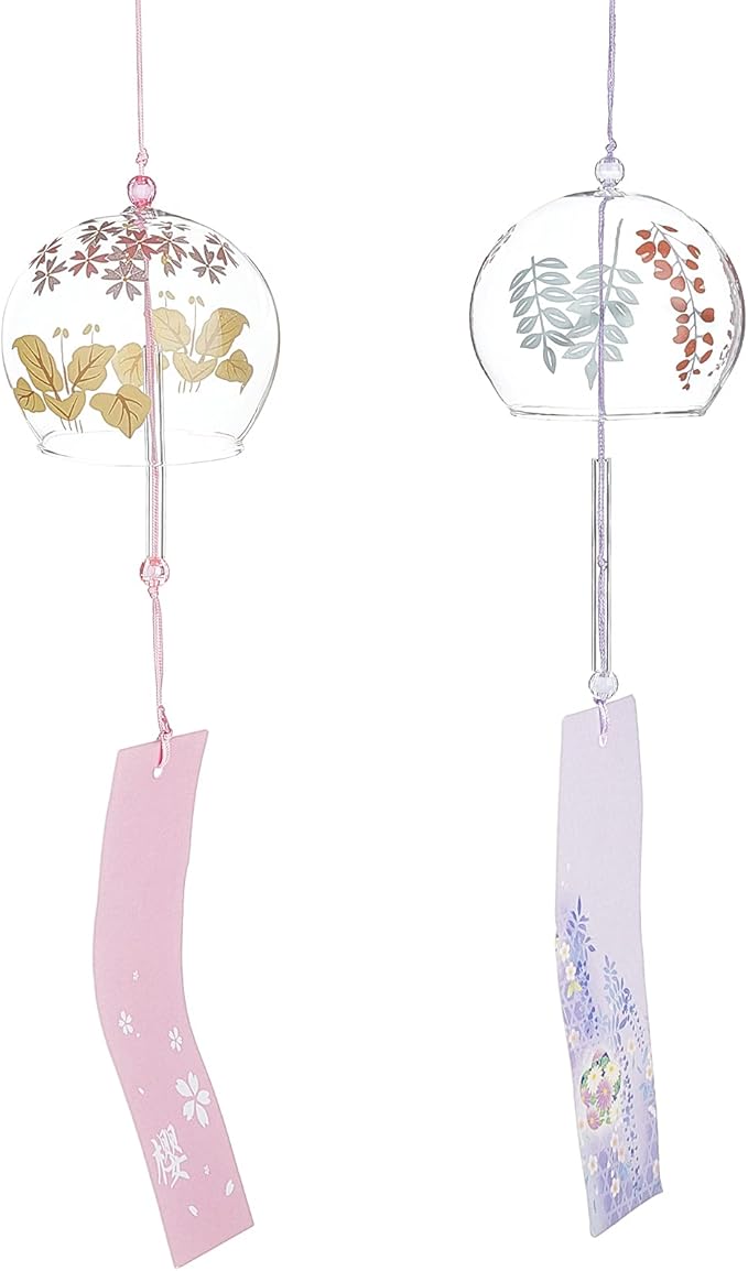 BENECREAT 2PCS Japanese Wind Chimes Pink & Purple Glass Wind Bells Handmade Pendants for Birthday Gift, Home Christmas Party Decorations
