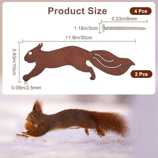 CREATCABIN 2Pcs Metal Squirrel Outdoor Decor Garden Silhouettes with Screws Rusty Running Squirrel Animal Iron Exquisite Art Sculpture Ornament for Outdoor Garden Tree Yard Home Decor 11.8 x 3.93 Inch