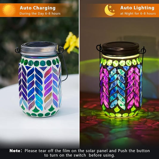 Stargarden 4 Pack Mosaic Solar Lantern ,Waterproof Outdoor Hanging Jar Lights, Mosaic Lights Solar Garden Decor for Patio Pathway Yard