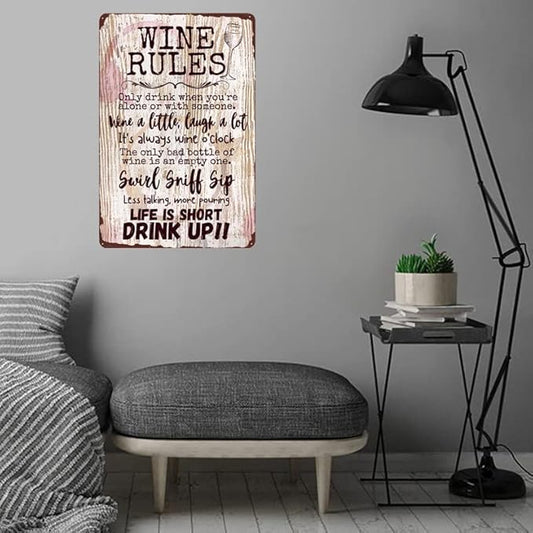 Vintage Wine Rules Metal Tin Signs - Life is Short Drink Up - Art Poster Wall Decoration for Bar Pub Club Liquor Store 12x8 inches