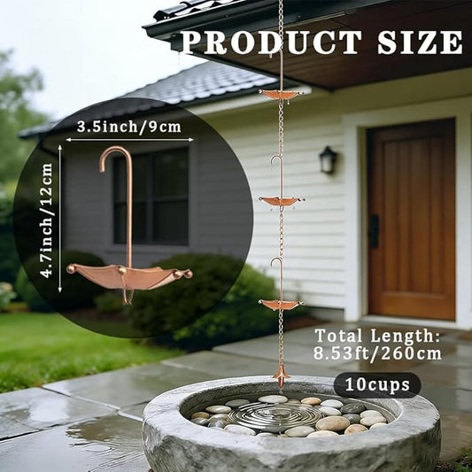 8.5FT Rain Chains with 10 Umbrella Rain Chain Cups, Rain Catcher for Gutters, Decorative Copper Rainwater Diverter Rain Chimes for Garden Decor, Replacement for Outside Gutter Downspouts in Spring