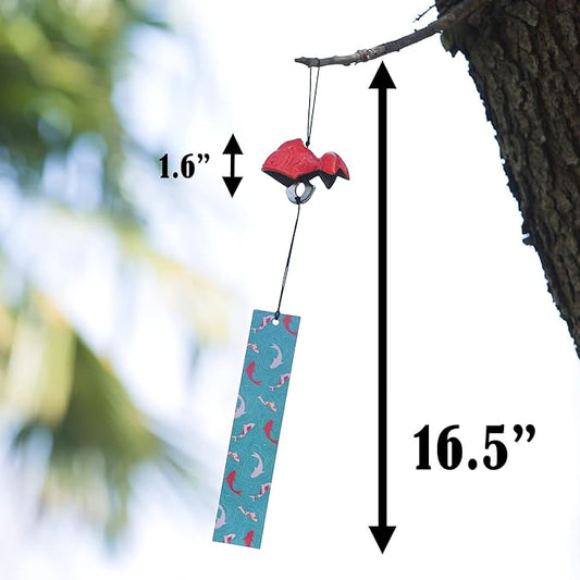Japanese Wind Chime Cast-Iron Outdoor Ornament for Garden, Patio & Balcony, Hanging Metal Wind-Bell Decoration Gift, Blessing Pendant Windchimes & PVC Wind-Catcher, Goldfish - Red
