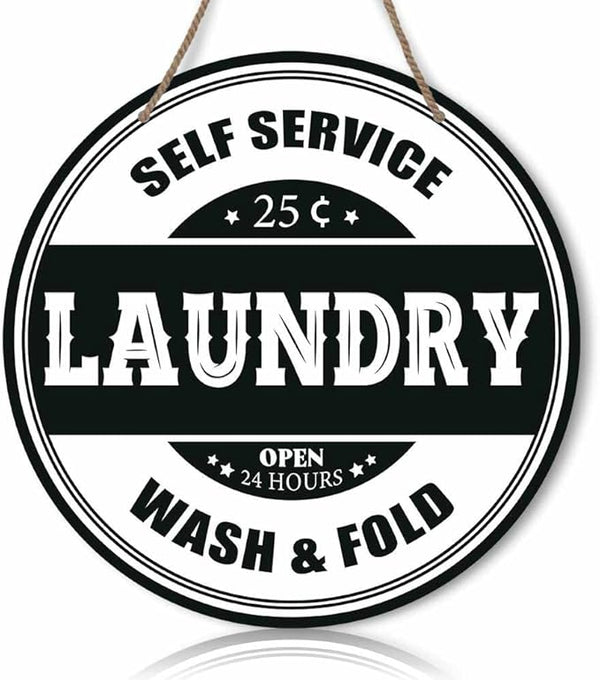 Laundry Round Rustic Wood Sign Plaque Self Service Wash Fold Vintage Wall Wooden Hanging Sign Decor for Home Kitchen Living Room Farmhouse Garden Front Door Entryway Porch Yard 12 Inch