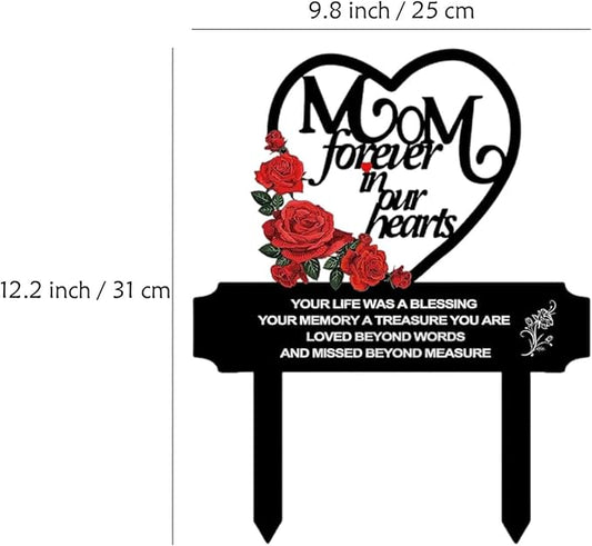 AIM & GGKK Metal Memorial Grave Marker for Mom - Heart Shaped Cemetery Decoration with Roses, Forever in Our Hearts Verse - 12.2" Tall Garden Stake for Gravesite