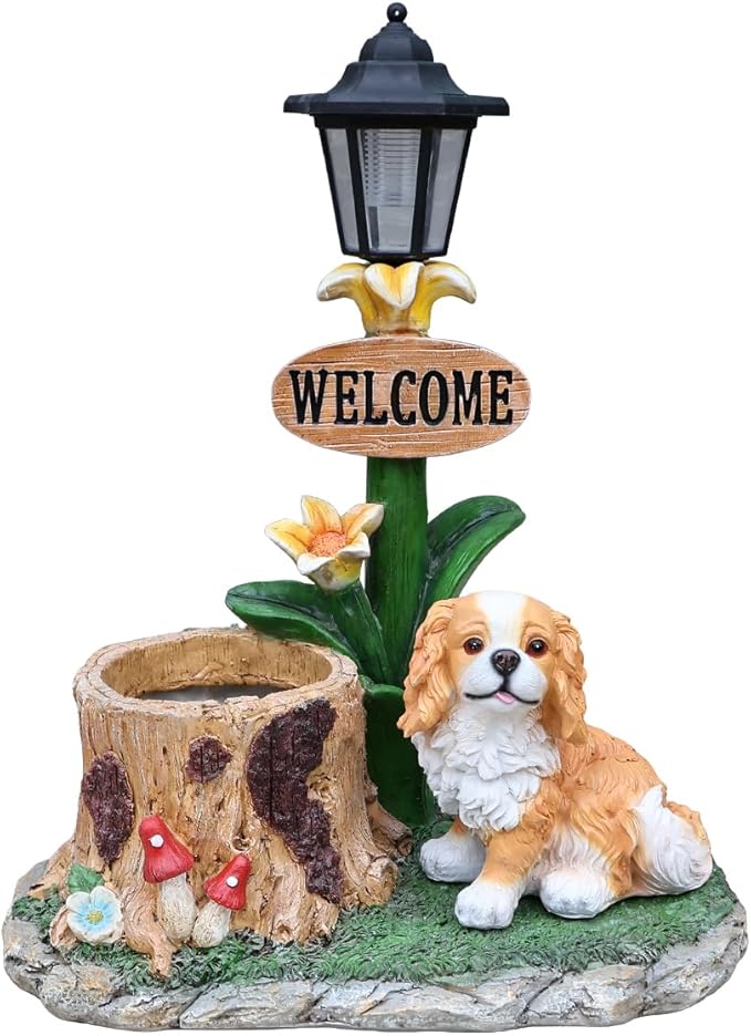 Solar Garden Statue with Planter & Solar Lantern, Outdoor Resin Animal Sculpture, Waterproof Yard Lawn Decor Pot for Succulents, Front Porch Ornament Housewarming Gift (King Charles Spaniel)