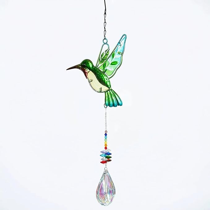 Hummingbird with Crystal Sun Catcher,Stained Glass Bird Suncatchers for Windows Hanging,Crystal Suncatcher Prism Hanging Ornament for Home Garden Party Decoration(Green,Pipa)