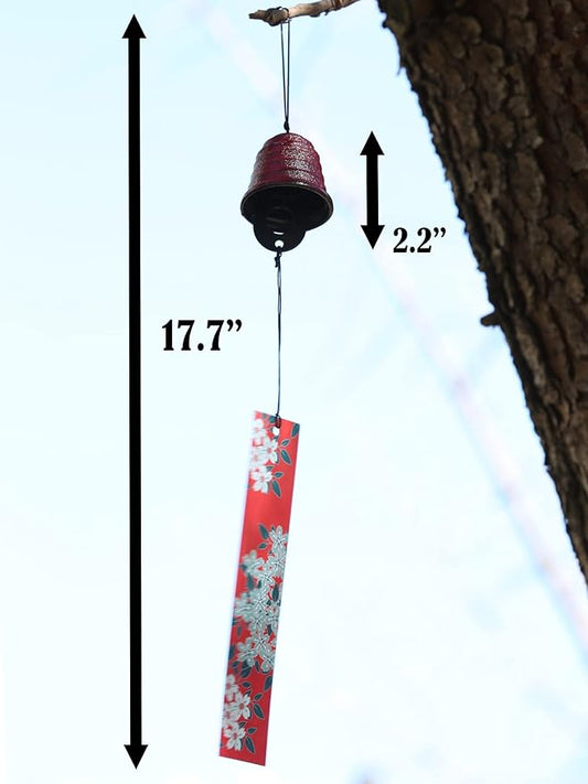 Japanese Wind Chime Cast-Iron Outdoor Ornament for Garden, Patio & Balcony, Hanging Metal Wind-Bell Decoration Gift, Blessing Pendant Windchimes & PVC Wind-Catcher, Waterline - Red