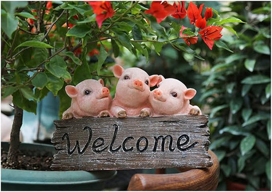 Primst Pig Welcome Sign - Resin Garden Statue Decor for Courtyard & Lawn Patio Decoration