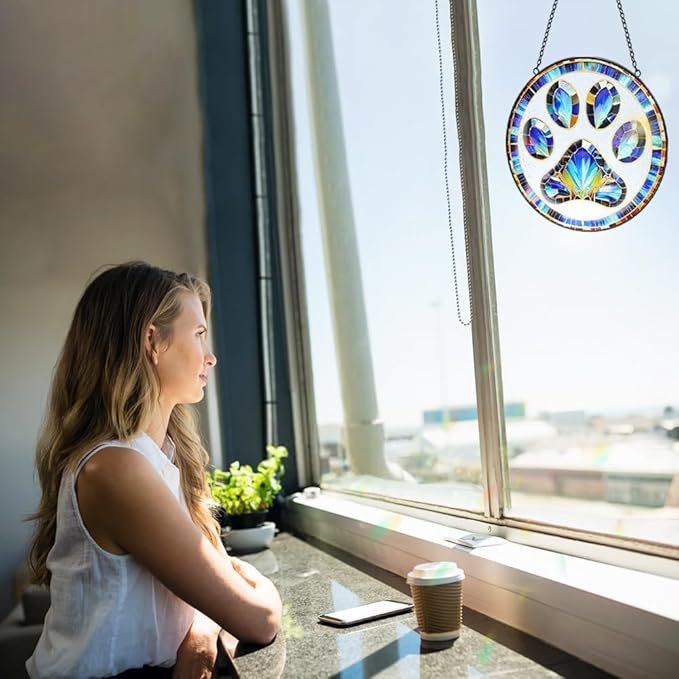 Paw Print Suncatcher Stained Glass Window Hanging - 8” Paw Print Stained Glass Suncatchers for Windows - Sun Catchers Indoor Wall Art Home Garden Decor Glass Panel - Dog Memorial Gifts for Mom Grandma