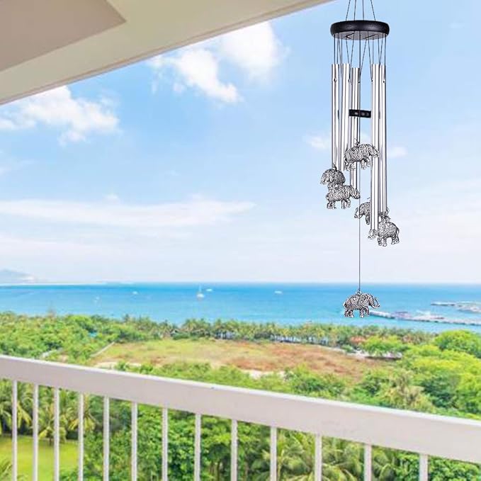 Outdoor Elephant Wind Chimes Indoor Decor - Pure Hand-Made Mobile Romantic Windcatcher 28" Elephant Wind Chime for Home, Xmas, Gift for Mom, Balcony, Patio, Garden Decoration(5 Tubes, 6 Elephants)