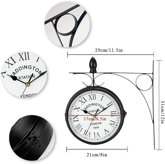 JHY DESIGN 12-Inch Double-Sided Wall Clock Waterproof Indoor Outdoor Clock Hanging Metal Clock Battery Operated Decorative for Home Corner Patio Pool Garden Decor (Black)
