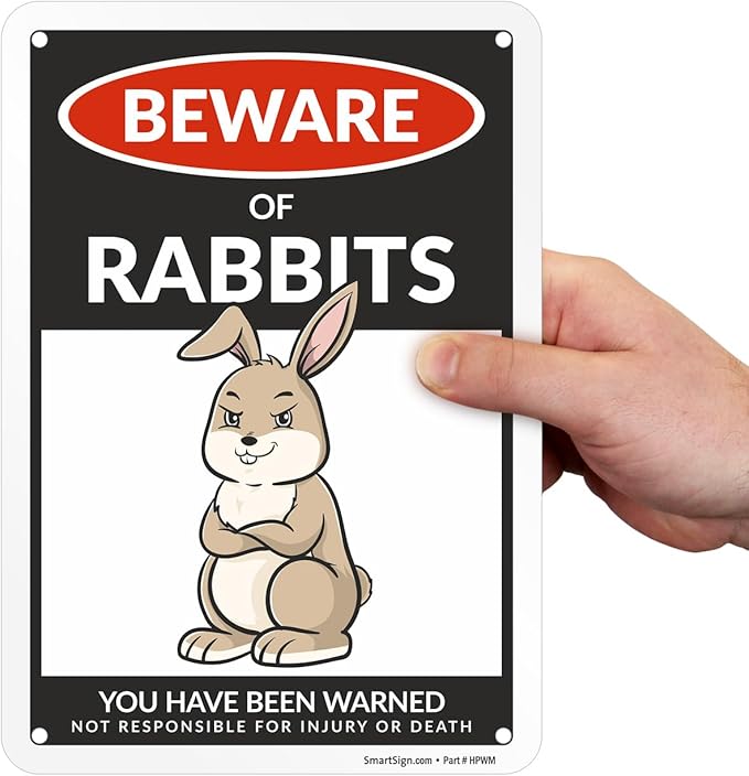 SmartSign Funny Beware Of Rabbits Warning Sign - 10"x7", 40 mil Laminated Rust-free Aluminum - Metal Signs for Farms, Outdoors, Patio, Gifts, Cafe - Rabbits Theme, Made in USA