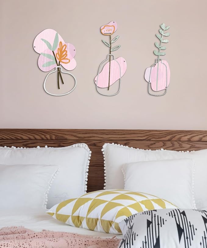 Putuo Decor 3Pcs Metal Flower Wall Art, Minimalist Flower Vase Bathroom Wall Decor, Rustic Farmhouse Decor for Living Room, Bathroom, Bedroom, Elegant Housewarming Gift(Pink)