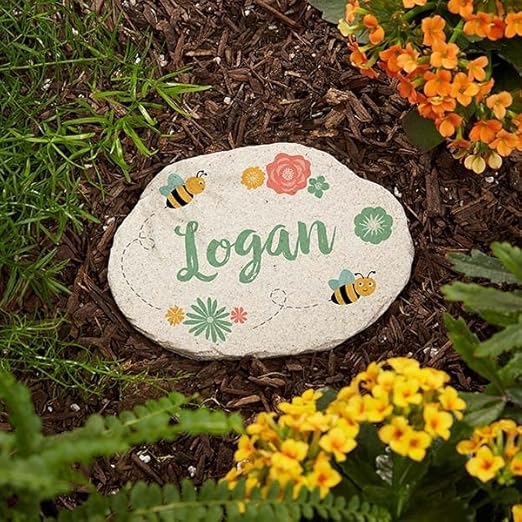 Personalization Universe Grandma's Bee Happy Decor - Personalized Round Stone with Floral Design, Perfect for Outdoor Gardens, Walkways & Mother's Day - 4.25" x 6" Size