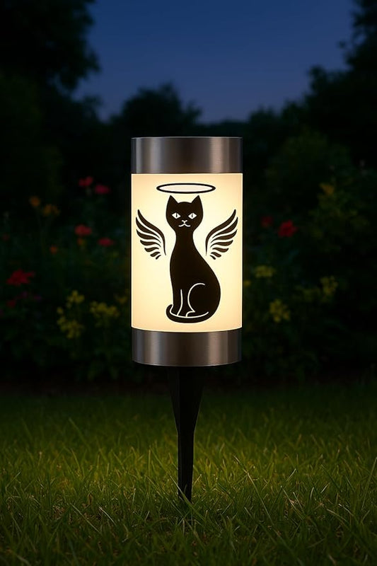 Solar Cat Memorial Garden Light, Outdoor Pet Remembrance Keepsake with Angel Silhouette, Automatic Dusk to Dawn LED Yard Stake (cat)