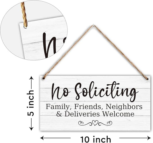 Wood Hanging Decor Sign, No Soliciting, Welcome Friend Family Neighbor, Rustic Wood Front Door Plaque Wall Art Decor Gift, 10" x 5" Wood Decor Hanging Sign for Porch Yard Garden Home Farmhouse-03