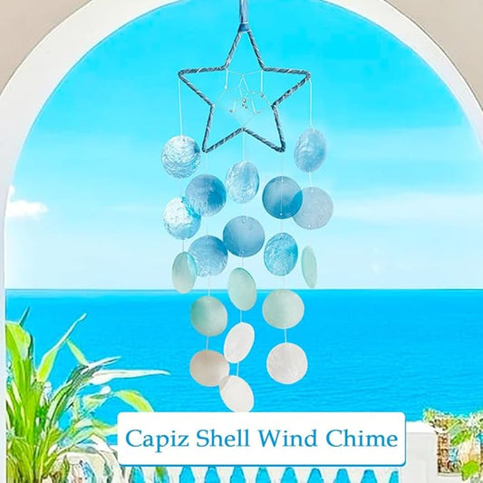 Wind Chimes for Outside, Personalized Capiz Shells Wind Chime for Home Decoration, Garden Decoration of Beach House Decor,Great Gift for Shells Windchimes Lovers and More (Blue Star)