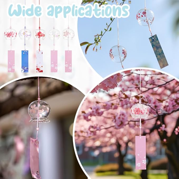 OLYCRAFT 5pcs 5 Styles Japanese Wind Chimes Cherry Blossom Theme Handcrafted Glass Wind Bells Glass Wind Bells Creative Hanging Pendants for Home Garden Wedding Indoor Outdoor Decoration